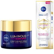 Nivea PROMO PACK Cellular Luminous 630 Antispot Night Repair Cream 50ml & Antispot Day Fluid Triple Protection Spf50, 40ml - Нощен крем за лице против петна и дневен крем против петна, висока слънцезащита Nivea PROMO PACK Cellular Luminous 630 Antispot Night Repair Cream 50ml & Antispot Day Fluid Triple Protection Spf50, 40ml - Нощен крем за лице против петна и дневен крем против петна, висока слънцезащита