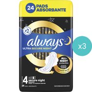 Always Комплект Ultra Secure Night Sanitary Towels with Wings Size 4, 72 бр (3x24 бр)