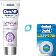 Oral-B Комплект Pro 3D White Clinical Intensive Whitening Toothpaste 75ml & Essential Waxed Dental Floss 50m - Паста за зъби за третиране на повърхностни петна и по-бели зъби от първия ден с вкус на мента и издръжлив конец за зъби с восък за дълбоко почистване