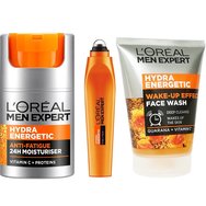 Комплект L'Oreal Paris Men Expert Hydra Energetic Anti Tiredness 24H Moisturiser 50m & Wake-Up Effect Face Wash 100ml & Eye Roll on 10ml - Мъжки хидратиращ крем против признаци на умора с 24-часово действие & Ревитализиращ гел за дълбоко почистване на лице с гуарана & витамин C & Охлаждащ roll-on апликатор за очи, срещу уморен вид, торбички & тъмни кръгове