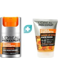 Комплект L'Oreal Paris Men Expert Hydra Energetic Anti Tiredness 24H Moisturiser 50m & Wake-Up Effect Face Wash 100ml - Мъжки хидратиращ крем против признаци на умора с 24-часово действие & Ревитализиращ гел за дълбоко почистване на лице с гуарана & витамин C