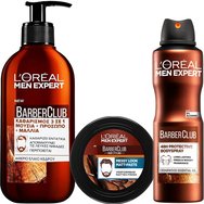 Комплект L'Oreal Paris Men Expert Barber Club Beard, Face & Hair Wash Gel 200ml & Messy Hair Molding Clay 75ml & 48h Protective Body Spray 150ml - Почистващ гел 3 в 1 за брада, лице & коса & Глина за средна фиксация & матов завършек за брада & коса & Мъжки дезодорант спрей за тяло с етерично масло от кедър за 48-часова защита