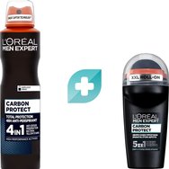 Комплект L'Oreal Paris Men Expert Carbon Protect Spray 150ml & 5 in 1 Total Protection 48H Roll-On Deo 50ml - Мъжки дезодорант с 48-часова пълна защита срещу изпотяване & Мъжки рол-он дезодорант 5 в 1 с активен въглен за 48-часова защита срещу изпотяване, миризми & следи по тъканите
