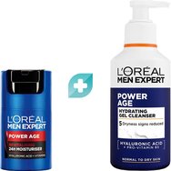 Комплект L'Oreal Paris Men Expert Power Age Revitalising Face Cream 50ml & Hydrating Cleanser Gel 260ml - Мъжки крем за лице срещу признаците на стареене & хидратиращ почистващ гел за лице с хиалуронова киселина & провитамин B5 с помпа