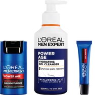 Комплект L'Oreal Paris Men Expert Power Age Revitalising Face Cream 50ml & Hydrating Cleanser Gel 260ml & Revitalising Eye Cream 15ml - Мъжки крем за лице & очи срещу признаците на стареене & хидратиращ почистващ гел за лице с хиалуронова киселина & провитамин B5 с помпа &