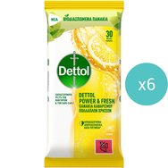 Сет Dettol Power & Fresh Surface Clean Wipes Citrus 180 броя (30x6 броя) - Биоразградими, антибактериални многофункционални почистващи кърпички
