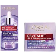 L'Oreal Paris PROMO PACK Revitalift Filler Day Cream 50ml & Revitalift Filler Dropper Серум против бръчки 30ml - Дневен крем против стареене и лице против бръчки и серум, обогатен с чиста хиалуронова киселина L'Oreal Paris PROMO PACK Revitalift Filler Day Cream 50ml & Revitalift Filler Dropper Серум против бръчки 30ml - Дневен крем против стареене и лице против бръчки и серум, обогатен с чиста хиалуронова киселина