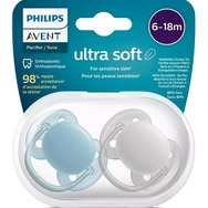 Philips Avent Ultra Soft Silicone Soother 6-18m Синьо - сиво 2 бр., Код SCF091/34
