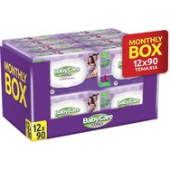 BabyCare Familly Raspberry Wipes Monthly Box 1080 бр (12x90 бр) - Течни кърпички за цялото семейство с екстракт от малина и специално разработен състав за чувствителна кожа с капак