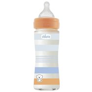 Chicco Well-Being Boy Стъклена бебешка бутилка със зърно с бавен поток оранжево - синьо 0m+, 240ml