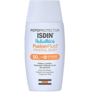 Isdin Fotoprotector Pediatrics Mineral Baby SPF50 Fusion Fluid, 50ml - Бебешки, детски слънцезащитен продукт с висока защита за лице & тяло с физични филтри, без аромат, за чувствителна кожа