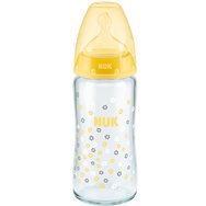 NUK First Choice Plus Glass Bottle Silicone 0-6m 240ml 1 бр, Код 10745097 - Жълто - Стъклено бебешко шише със силиконов биберон и индикатор за контрол на температурата, среден размер, подходящо от раждането NUK First Choice Plus Glass Bottle Silicone 0-6m 240ml 1 бр, Код 10745097 - Жълто - Стъклено бебешко шише със силиконов биберон и индикатор за контрол на температурата, среден размер, подходящо от раждането