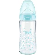 NUK First Choice Plus Glass Bottle Silicone 0-6m 240ml 1 бр, Код 10745125 - Синьо - Стъклено бебешко шише със силиконов биберон и индикатор за контрол на температурата, среден размер, подходящо от раждането NUK First Choice Plus Glass Bottle Silicone 0-6m 240ml 1 бр, Код 10745125 - Синьо - Стъклено бебешко шише със силиконов биберон и индикатор за контрол на температурата, среден размер, подходящо от раждането