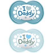 Mam I Love Daddy Original Silicone Soother 16m+ Код 265B1c, 2 части - Синьо / Светло синьо - Силиконова ортодонтска залъгалка с калъф за носене Mam I Love Daddy Original Silicone Soother 16m+ Код 265B1c, 2 части - Синьо / Светло синьо - Силиконова ортодонтска залъгалка с калъф за носене