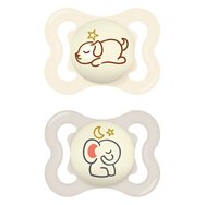 Mam Supreme Night Silicone Soother 2-6m, Код 148SUc, 2 бр - Сьомга / Сив - Ортодонтска силиконова залъгалка, която свети в тъмното