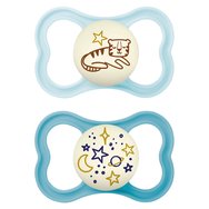 Mam Supreme Night Silicone Soother 16m+, 2 бр, Код 298S - светло синя / Синьо - Ортодонтска силиконова залъгалка, която свети в тъмното