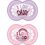 Mam Orthodontic Silicone Soother 16m+ I love Daddy 2 бр, Код 265SG2c - Лилаво/ розова - Ортодонтска силиконова залъгалка за отпускане и облекчение