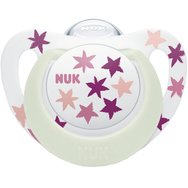 Nuk Star Night Silicone Soother 18-36m 1 бр - червено - Изключително мека ортодонтска силиконова залъгалка, която свети в тъмното с калъф за носене
