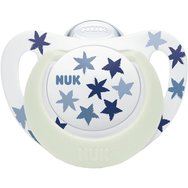 Nuk Star Night Silicone Soother 18-36m 1 бр - Синьо - Изключително мека ортодонтска силиконова залъгалка, която свети в тъмното с калъф за носене