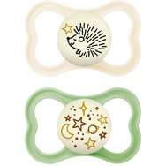 Mam Supreme Night Silicone Soother 6-16m Код 248S, 2 бр - крем / Зелено - Ортодонтска силиконова залъгалка, която свети в тъмното Mam Supreme Night Silicone Soother 6-16m Код 248S, 2 бр - крем / Зелено - Ортодонтска силиконова залъгалка, която свети в тъмното
