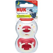 Nuk Signature Night Silicone Soother 6-18m, 2 бр - червено - Ортодонтска силиконова залъгалка със светещ в тъмното пръстен