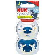 Nuk Signature Night Silicone Soother 6-18m, 2 бр - Синьо - Ортодонтска силиконова залъгалка със светещ в тъмното пръстен