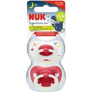 Nuk Signature Night Silicone Soother 18-36m, 2 бр - червено - Ортодонтска силиконова залъгалка със светещ в тъмното пръстен Nuk Signature Night Silicone Soother 18-36m, 2 бр - червено - Ортодонтска силиконова залъгалка със светещ в тъмното пръстен
