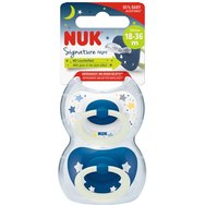 Nuk Signature Night Silicone Soother 18-36m, 2 бр - Синьо - Ортодонтска силиконова залъгалка със светещ в тъмното пръстен Nuk Signature Night Silicone Soother 18-36m, 2 бр - Синьо - Ортодонтска силиконова залъгалка със светещ в тъмното пръстен