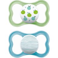 Mam Air Orthodontic Latex Soother 6-16m Код 216L, 2 бр - Зелено / Синьо - Ортодонтска гумена залъгалка с големи вентилационни отвори и калъф за носене Mam Air Orthodontic Latex Soother 6-16m Код 216L, 2 бр - Зелено / Синьо - Ортодонтска гумена залъгалка с големи вентилационни отвори и калъф за носене
