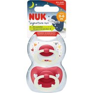 Nuk Signature Night Silicone Soother 0-6m, 2 бр - червено - Ортодонтска силиконова залъгалка със светещ в тъмното пръстен Nuk Signature Night Silicone Soother 0-6m, 2 бр - червено - Ортодонтска силиконова залъгалка със светещ в тъмното пръстен