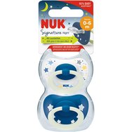 Nuk Signature Night Silicone Soother 0-6m, 2 бр - Синьо - Ортодонтска силиконова залъгалка със светещ в тъмното пръстен