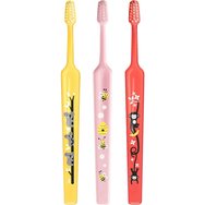 TePe Mini Extra Soft 0-6 Years Toothbrush 3 броя - Жълто / Розово / Коралово - Детска четка за зъби с конична глава и заоблени влакна