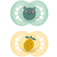 Mam Original Silicone Soother 6-16m, 2 бр Код 150SUc - светло зелено / Жълто - Ортодонтска залъгалка със силиконови зърна, подходяща за бебешката кожа, с практичен калъф за носене