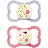 Mam Air Night Silicone Soother 16m+ 2 бр, Код 277SGc - Люляк / розово - Ортодонтска силиконова залъгалка с големи отвори за по-добра вентилация на кожата в периоралната област, която свети в тъмното