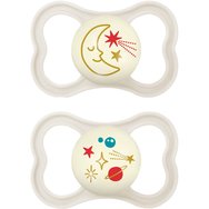 Mam Air Night Silicone Soother 16m+ 2 бр, Код 277SUc - крем - Ортодонтска силиконова залъгалка с големи отвори за по-добра вентилация на кожата в периоралната област, която свети в тъмното