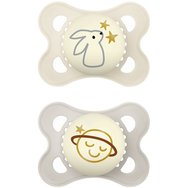 Mam Original Night Silicone Soother 2-6m 2 бр Код 110SUc - крем / Сив - Ортодонтска силиконова залъгалка, която свети в тъмното с калъф за носене