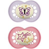 Mam Original Night Orthodontic Silicone Soother 6-16m 2 броя, код 160SGc - Лилаво / Фуксия - Ортодонтична силиконова залъгалка, която свети в тъмното