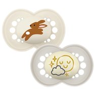 Mam Day & Night Silicone Soother 6-16m, 2 броя - Крем / Сиво - Ортодонтска силиконова залъгалка, светеща в тъмното, с кутийка за пренасяне