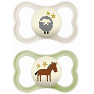 Mam Supreme Night Silicone Soother 16m+ Код 298SUc, 2 броя - Крем / Шамфъстък - Ортодонтска силиконова залъгалка, светеща в тъмното
