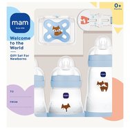 Mam Promo Welcome to the World Newborn Gift Set 0m+, 1 брой - Синьо 2 - Бебешки комплект с 3 бебешки шишета & 1 залъгалка & 1 лента за закрепване на залъгалка