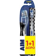 AIM Promo Ultra Reach Metal Core Medium Toothbrush 2 броя - Сива / Синя - Четка за зъби с компактна глава, дълго шийче & влакна със средна твърдост за дълбоко почистване & на труднодостъпни места