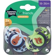 Tommee Tippee Fun Friends Orthodontic Silicone Soother 18m-36m, 2 броя Светлосиньо/Зелено - Ортодонтска силиконова залъгалка, която подпомага правилното поддържане & развитие на зъбите с кутия за стерилизация