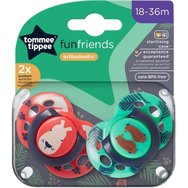 Tommee Tippee Fun Friends Orthodontic Silicone Soother 18m-36m, 2 броя Червено/Зелено - Ортодонтска силиконова залъгалка, която подпомага правилното поддържане & развитие на зъбите с кутия за стерилизация