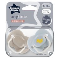 Tommee Tippee Anytime Orthodontic Silicone Soother 6-18m, 2 броя - Сиво / Светлосиньо