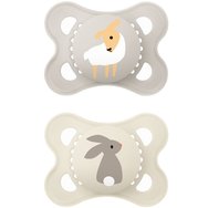 Mam Original Silicone Soother 2-6m, 2 бр Код 100SUc - Сив / Бежов - Ортодонтска залъгалка със силиконов биберон с дизайн, подходящ за бебешката кожа, с практичен калъф за носене