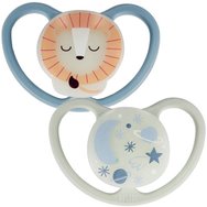 Nuk Space Night Silicone Soother 6-18m 2 бр - Синьо / Мента - Светеща в тъмното ортодонтска силиконова залъгалка с дишащ дизайн