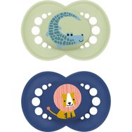 Mam Original Silicone Soother 16m+, 2 бр, Код 250SBc - Зелено / Тъмно синьо - Ортодонтска силиконова залъгалка с калъф за носене