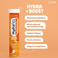 Upsa Hydrafizz Hydra Boost Hydrolytes хранителна добавка с електролити за хидратация и за тонизиране на енергията и бодростта с кофеин и вкус на портокал 16 Effer.tabs Upsa Hydrafizz Hydra Boost Hydrolytes хранителна добавка с електролити за хидратация и за тонизиране на енергията и бодростта с кофеин и вкус на портокал 16 Effer.tabs