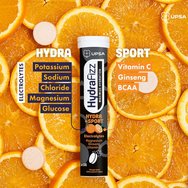 Upsa Hydrafizz Sport Hydrolytes Хранителна добавка с електролити, минерали & екстракт от цитрусови плодове, идеална за хидратация на спортисти & повишаване на ефективността с вкус портокал 16 Effer.tabs