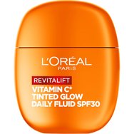 L'Oreal Paris Revitalift Vitamin C Spf30 Tinted Glow Daily Fluid Флуидна крем за лице с висока защита с витамин C, с цвят & отразяващи перли за сияние, равномерен тон & намаляване на признаците на стареене 40ml